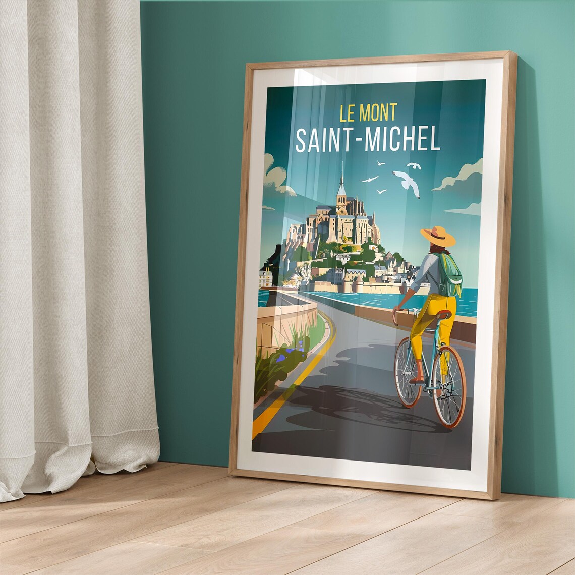 Cyclist Riding Toward Le Mont Saint Michel Abbey Travel Poster - Image 5