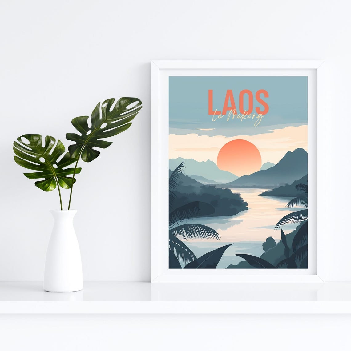Laos Mekong River Sunset Mountains Palm Silhouette Travel Poster - Image 4