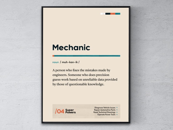 Mechanic Definition Poster Repairman Coworker Wall Art Funny Modern Office Gift Auto Technician Graduation Print