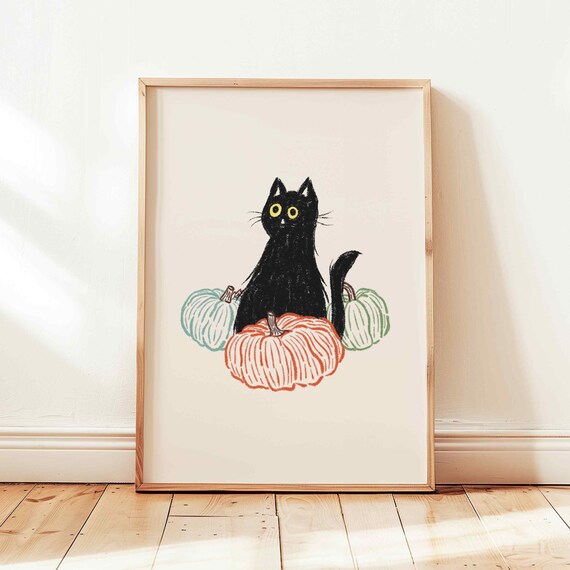 Halloween Pumpkin And Cat Print Poster Pumpkin Autumn Wall Art Cute Black Cat Wall Art Beige Fall Decor