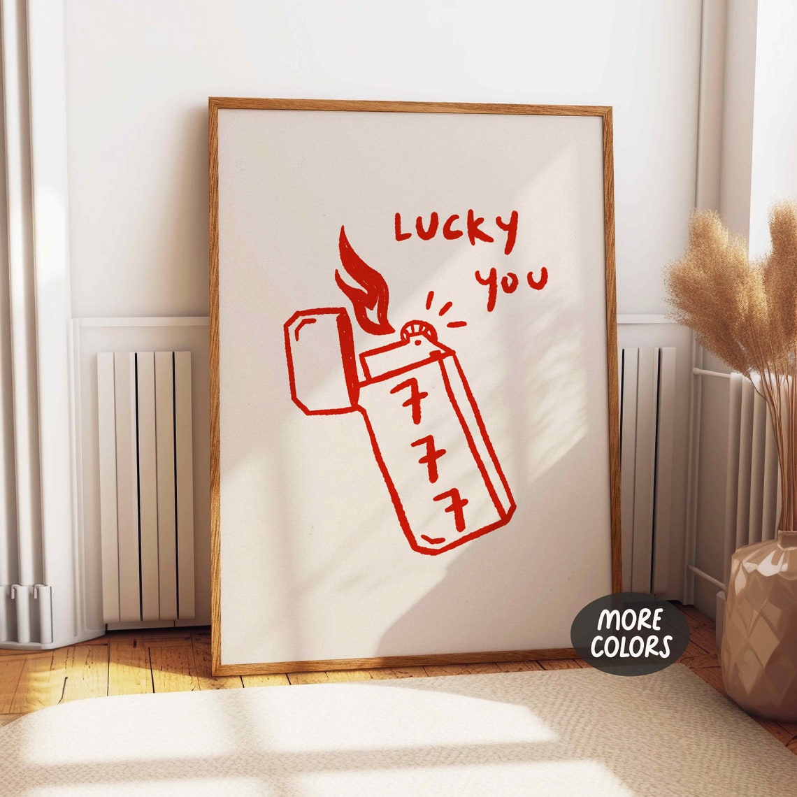 Lucky 777 Lighter Hand Drawn Red Trendy Retro Good Luck Wall Art