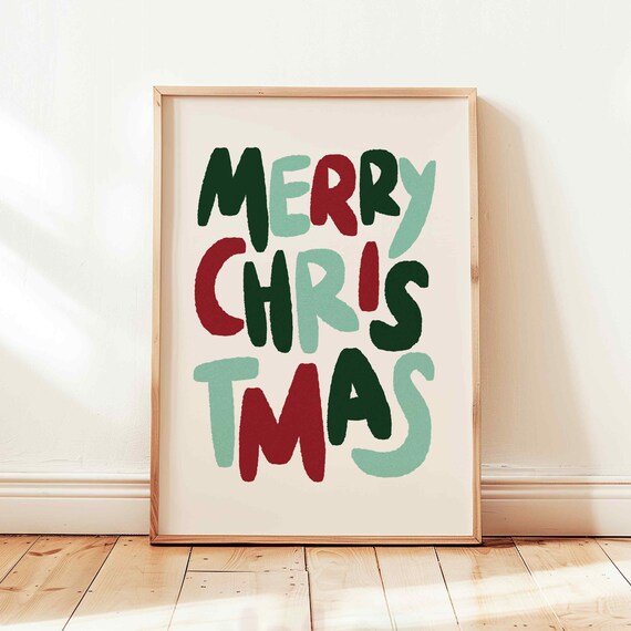 Merry Christmas Colorful Hand Lettered Festive Holiday Wall Art