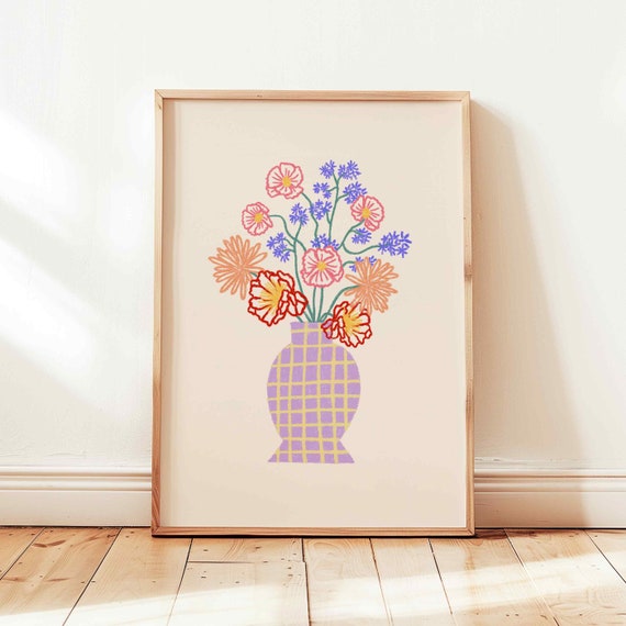 Flower Vase Print, Abstract Floral Retro Decor
