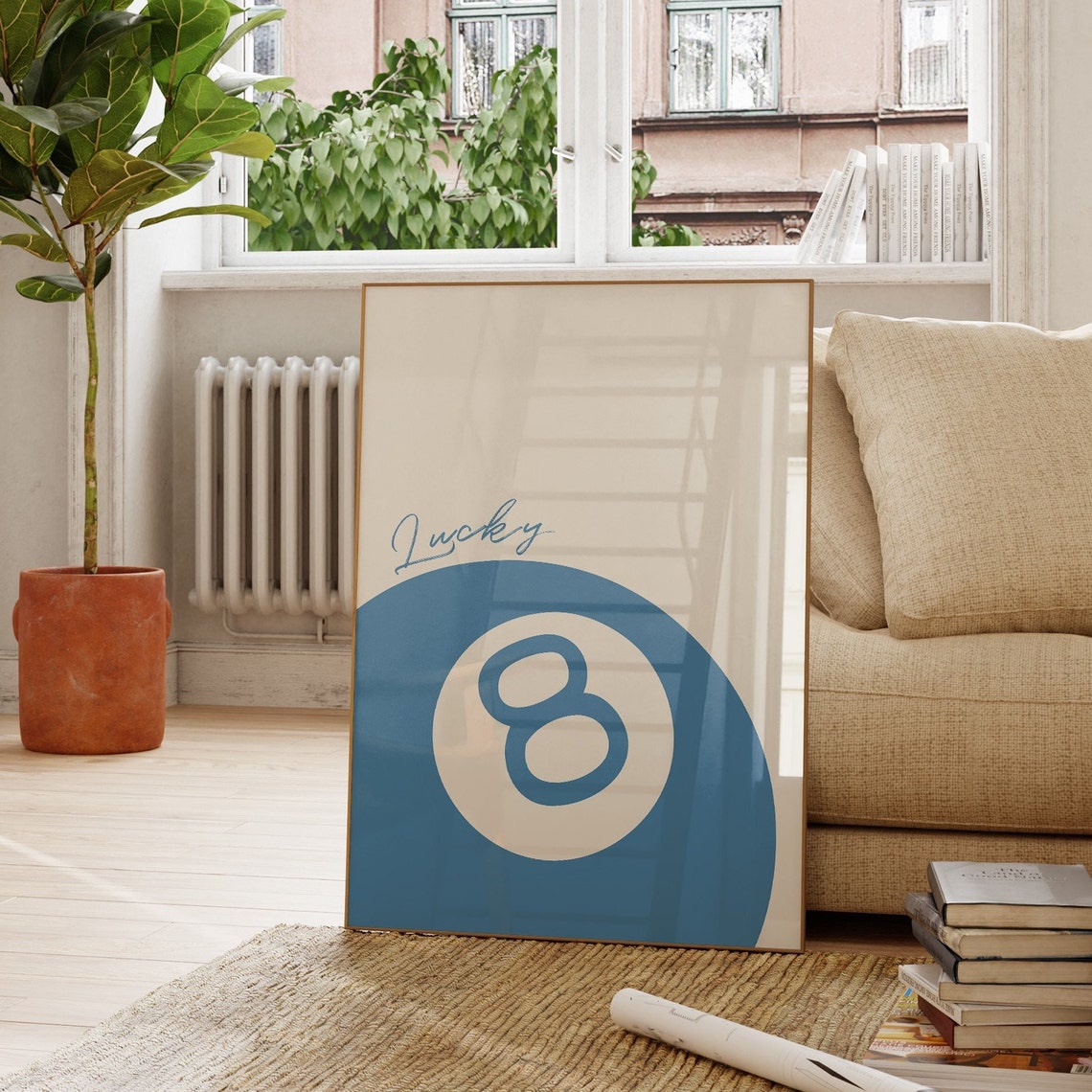 Lucky Script Blue 8 Ball Retro Pool Billiards Vintage Wall Art - Image 2