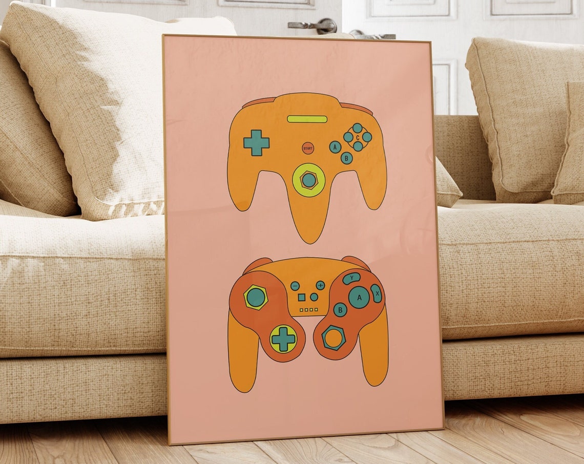 Orange Retro Game Controllers Duo Peach Pop Art Gaming Room Print - Image 2