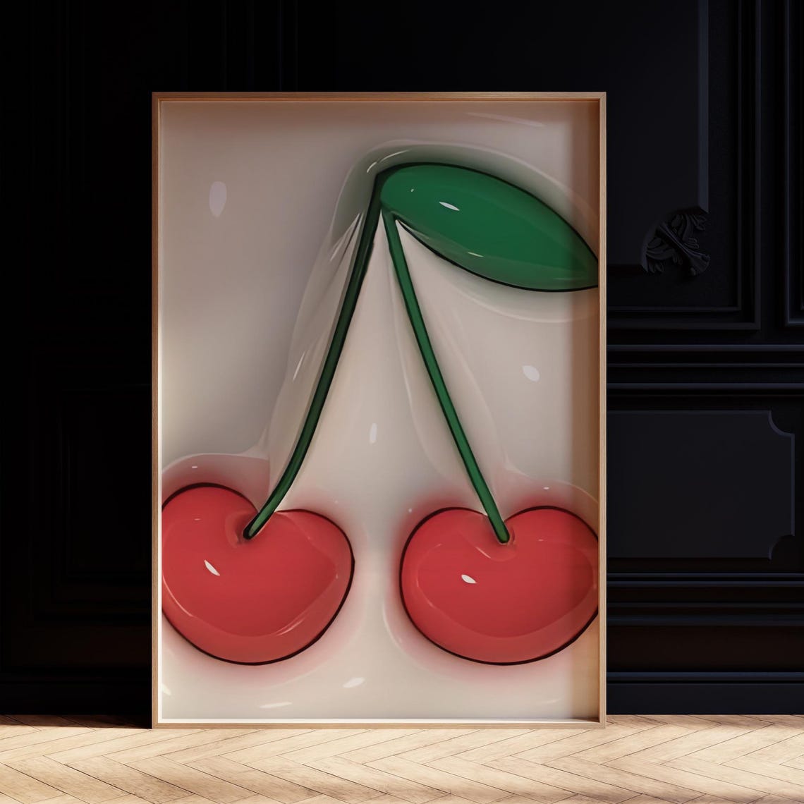 Glossy Red Cherries 3D Retro Fruit Illustration Kitchen Wall Art