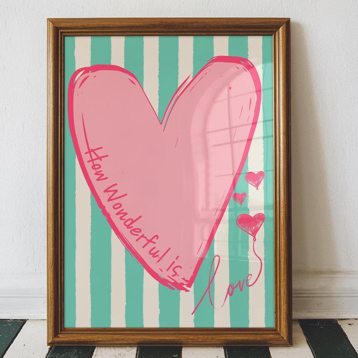 How Wonderful is Love Heart Print Pink Heart Striped Eclectic Wall Art