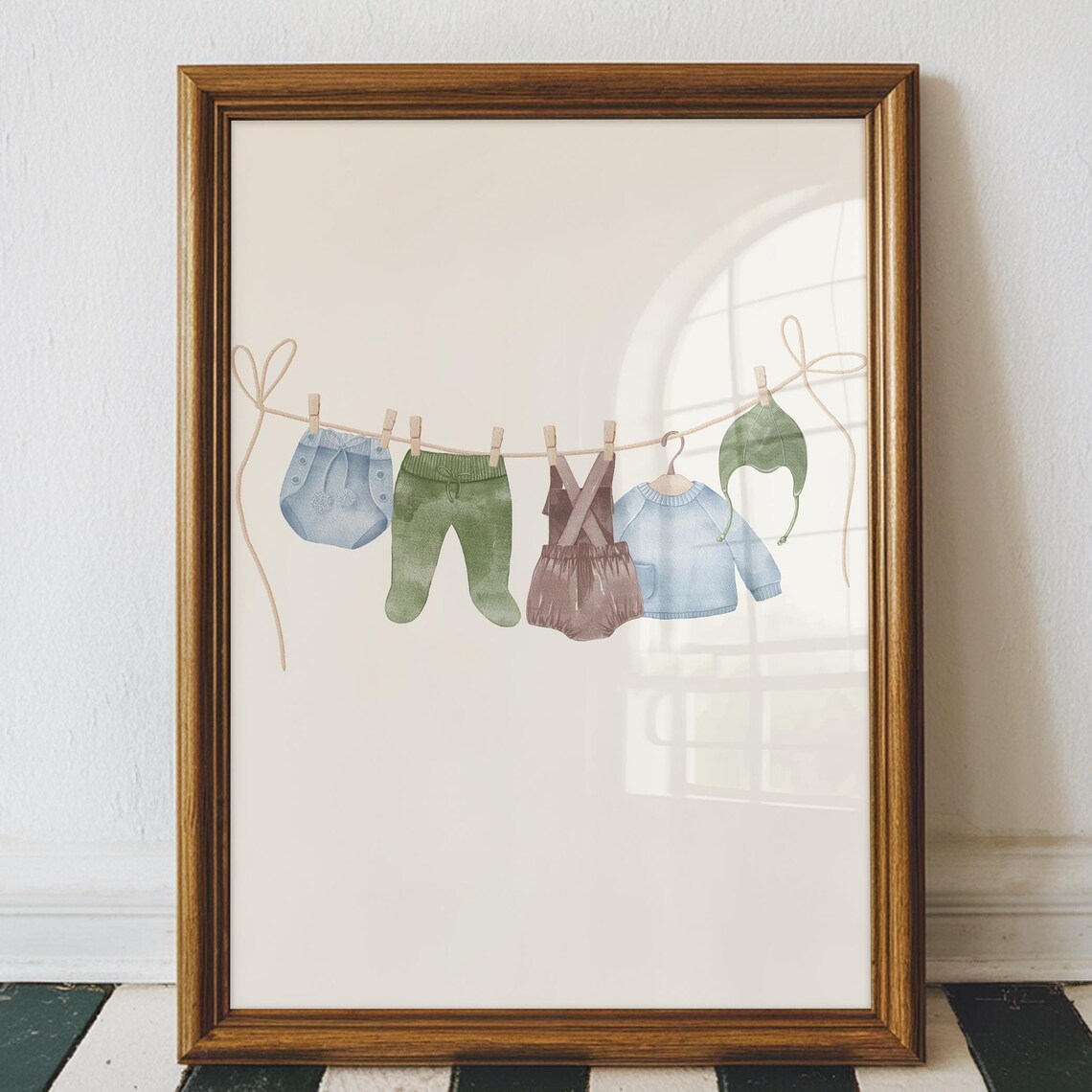 Baby Boy Clothesline Watercolor Bodysuits Blue Green Nursery Wall Art