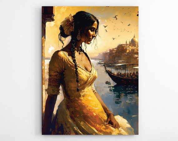 Indian Woman Contemplates Harbor In Artistic Painting Wall Decor Print Of Traditional Indian Artwork In Minimalist Style