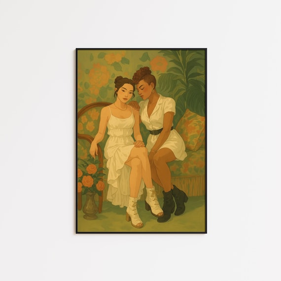 Queer Romance Two Women Leaning Together Floral Wallpaper Art Print