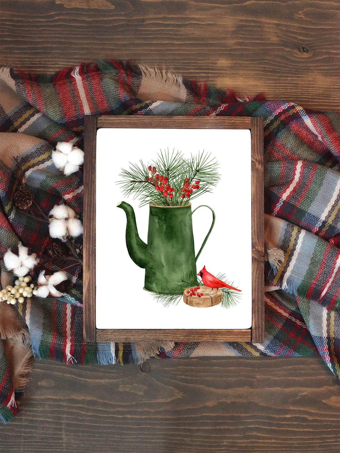Green Coffee Pot Pine Berries Red Cardinal Winter Woodland Wall Art - Image 3