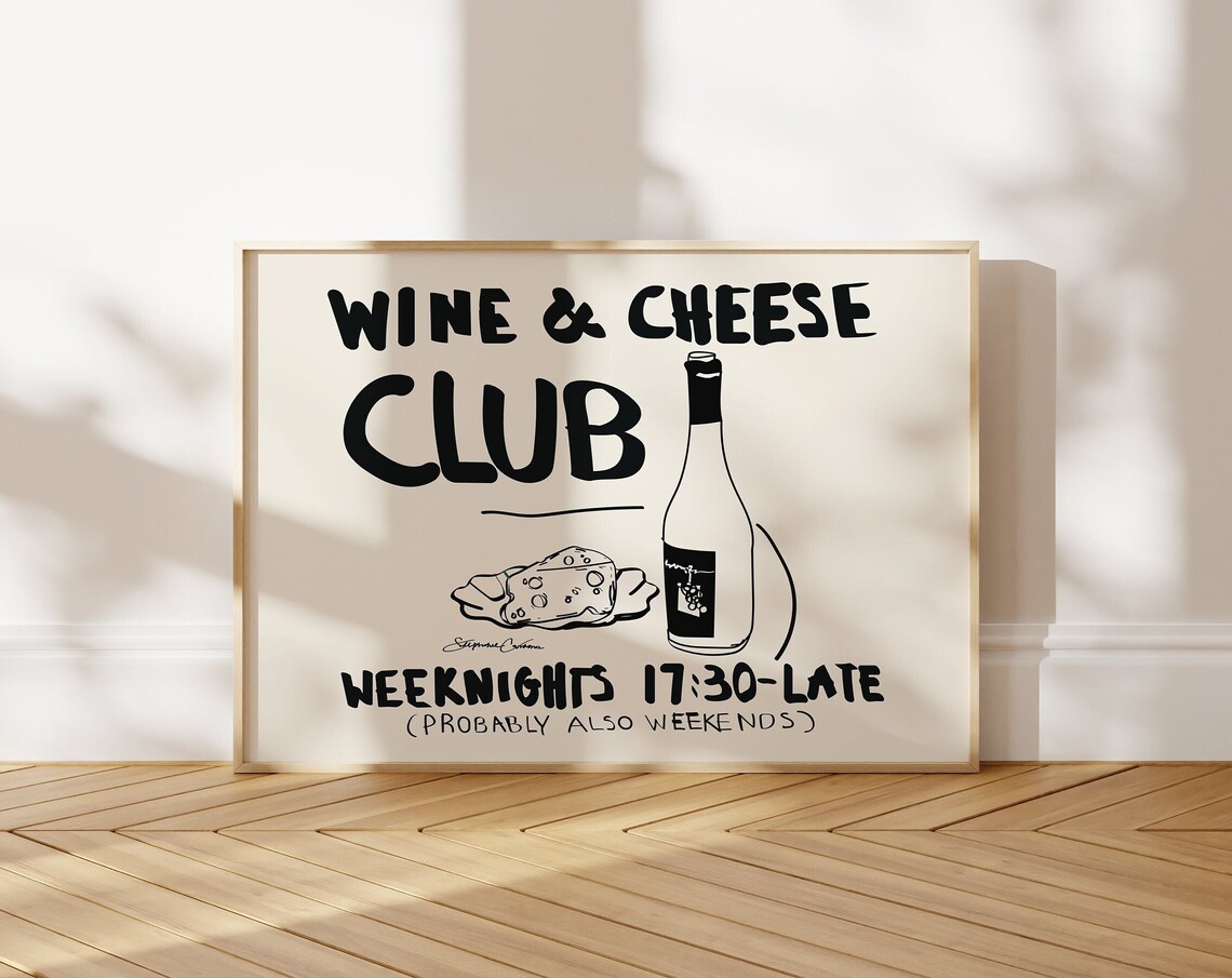 Horizontal Wine And Cheese Club Vintage Food Print