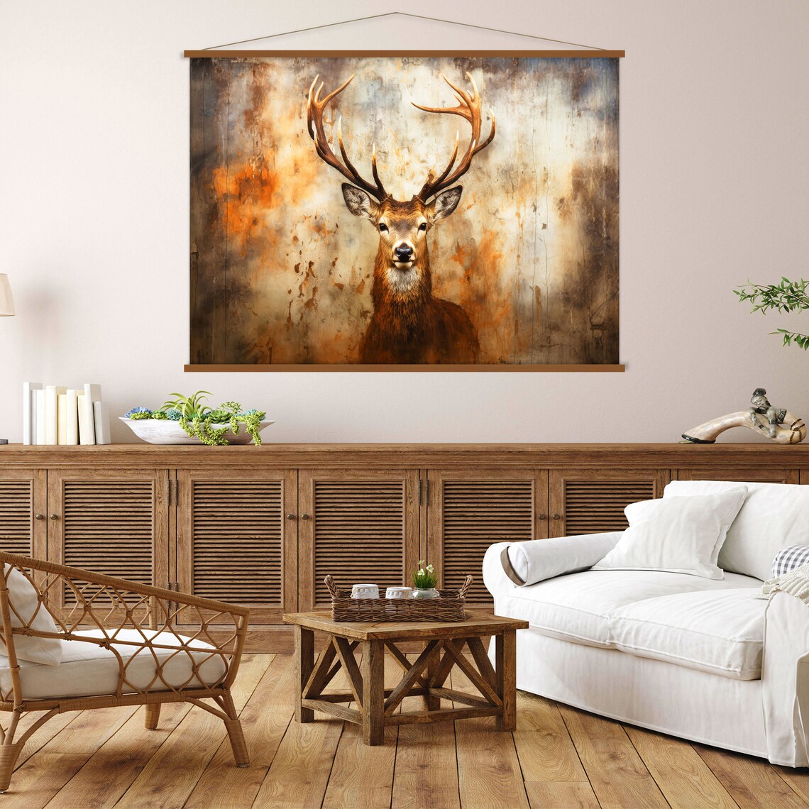 Moody Sepia Tone Stag Portrait Poster with Rustic Smoky Wildlife Art