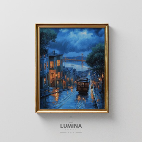 Rainy Spring Evening In San Francisco Golden Gate Streetcar Moody Coastal Cityscape Vintage Travel Print Wall Art 271