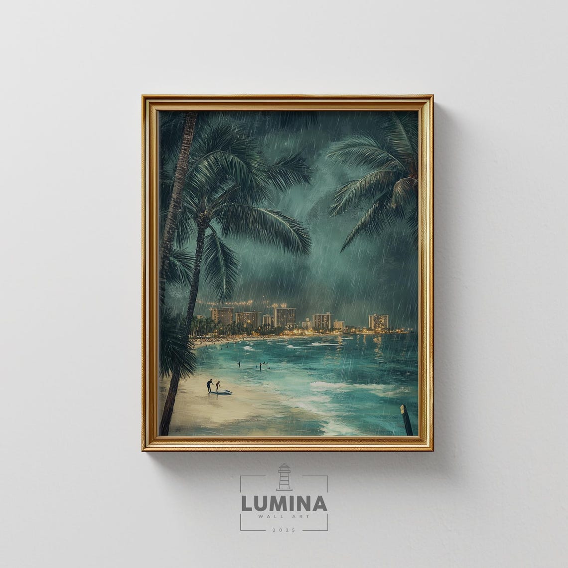 Tropical Beach Palms at Night with Rain and City Lights Ocean Poster