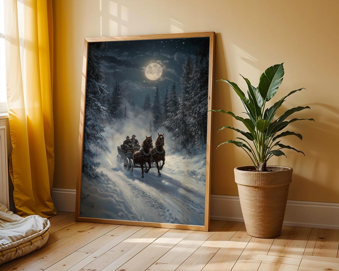 Horse Drawn Sleigh Under Full Moon Snowy Forest Night Poster