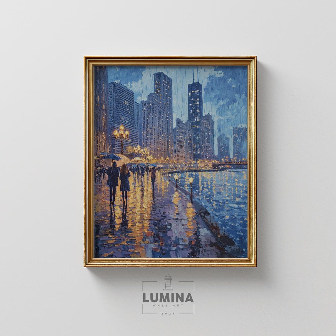 Romantic Rainy Night City Riverwalk Couple Under Umbrella Wall Art