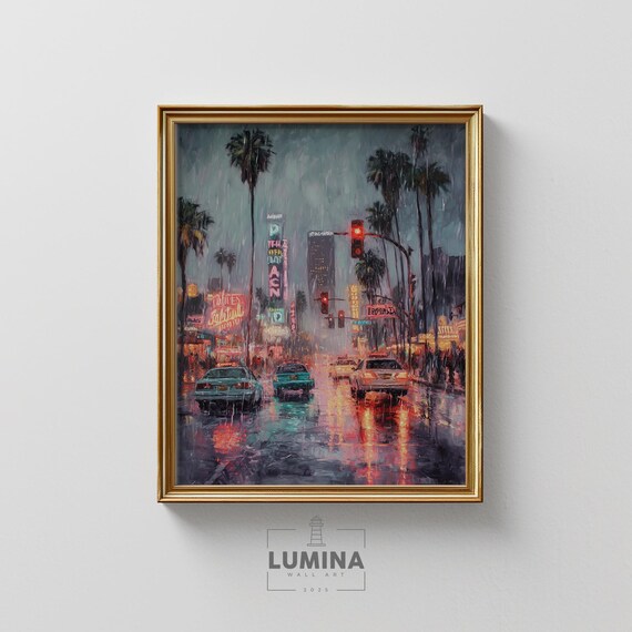 Rainy Sunset In Los Angeles Art Vintage Hollywood Cityscape Moody Urban Scene Neon Glow Wall Decor 391