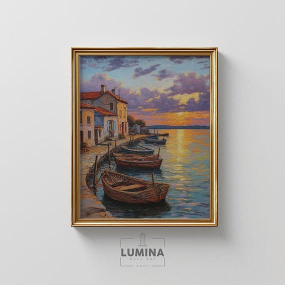 Fishing Village At Sunset Rustic Coastal Painting Wooden Boats Dusk Seaside Town Warm Tones Mediterranean Wall Art 227