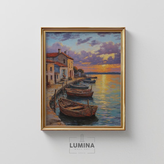 Fishing Village at Sunset Wooden Boats Coastal Harbor Painting Poster