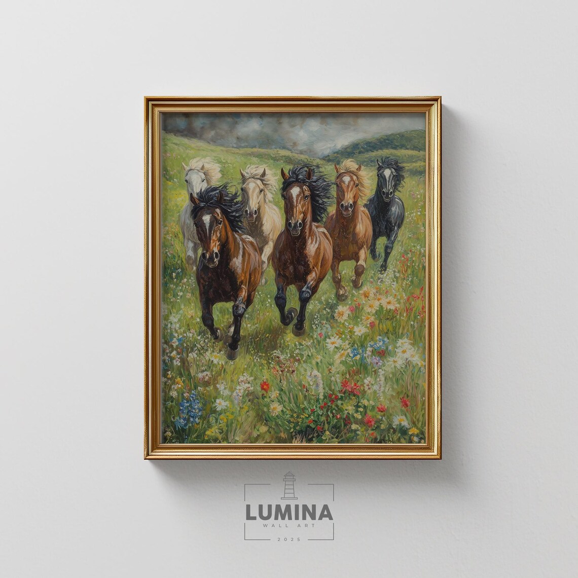 Wild Horses Running Through Meadow Flowers Oil Painting Poster