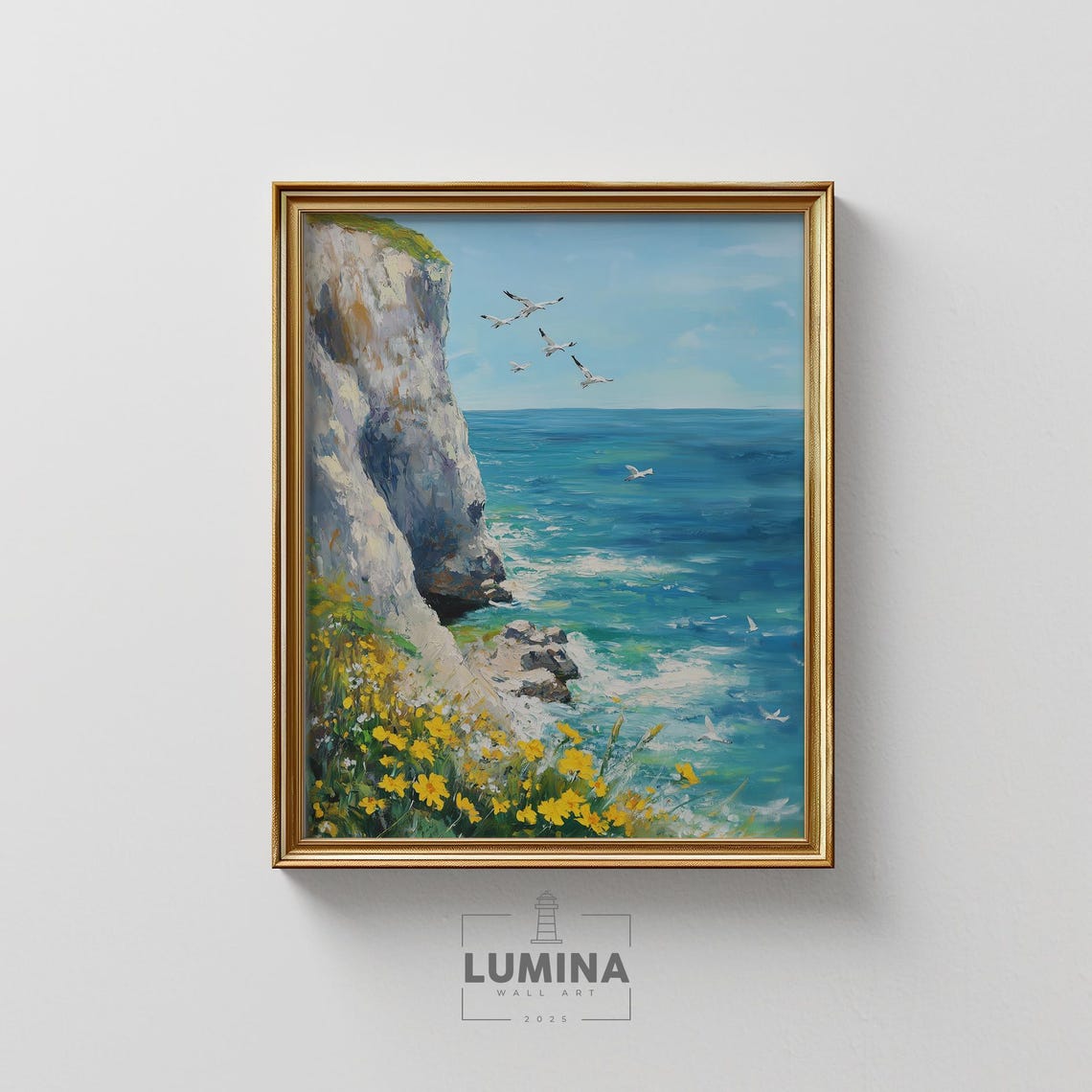 Ocean Sea Cliffs Seagull Wildflower Coast Oil Painting Poster