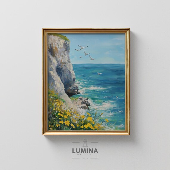 Ocean Sea Cliffs Seagull Wildflower Coast Oil Painting Poster