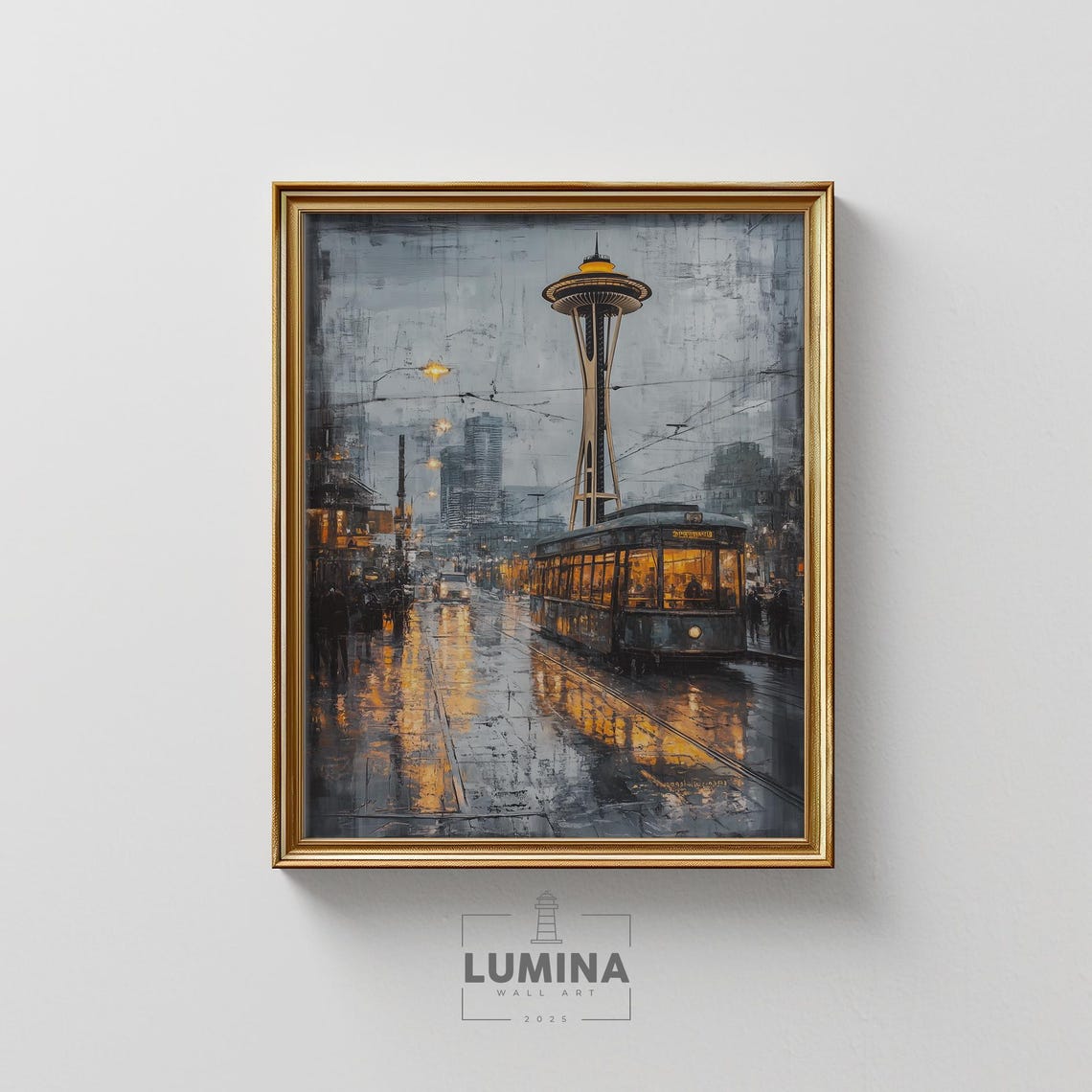 Seattle Trolley Rainy Street Space Needle Moody Night Cityscape Poster