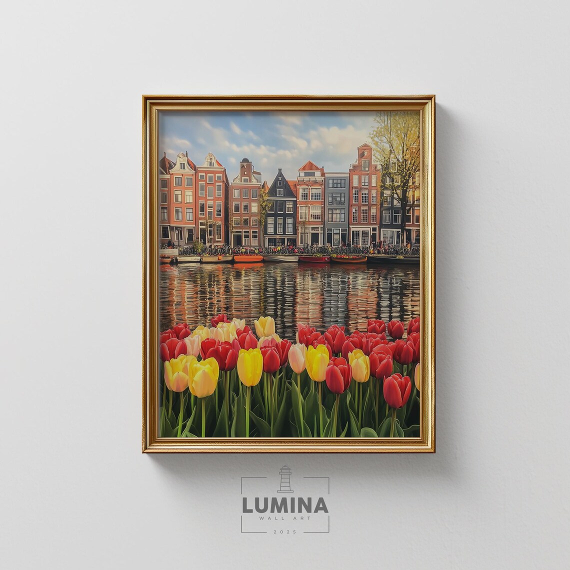 Amsterdam Canal Houses Red Yellow Tulips Dutch Cityscape Art Poster