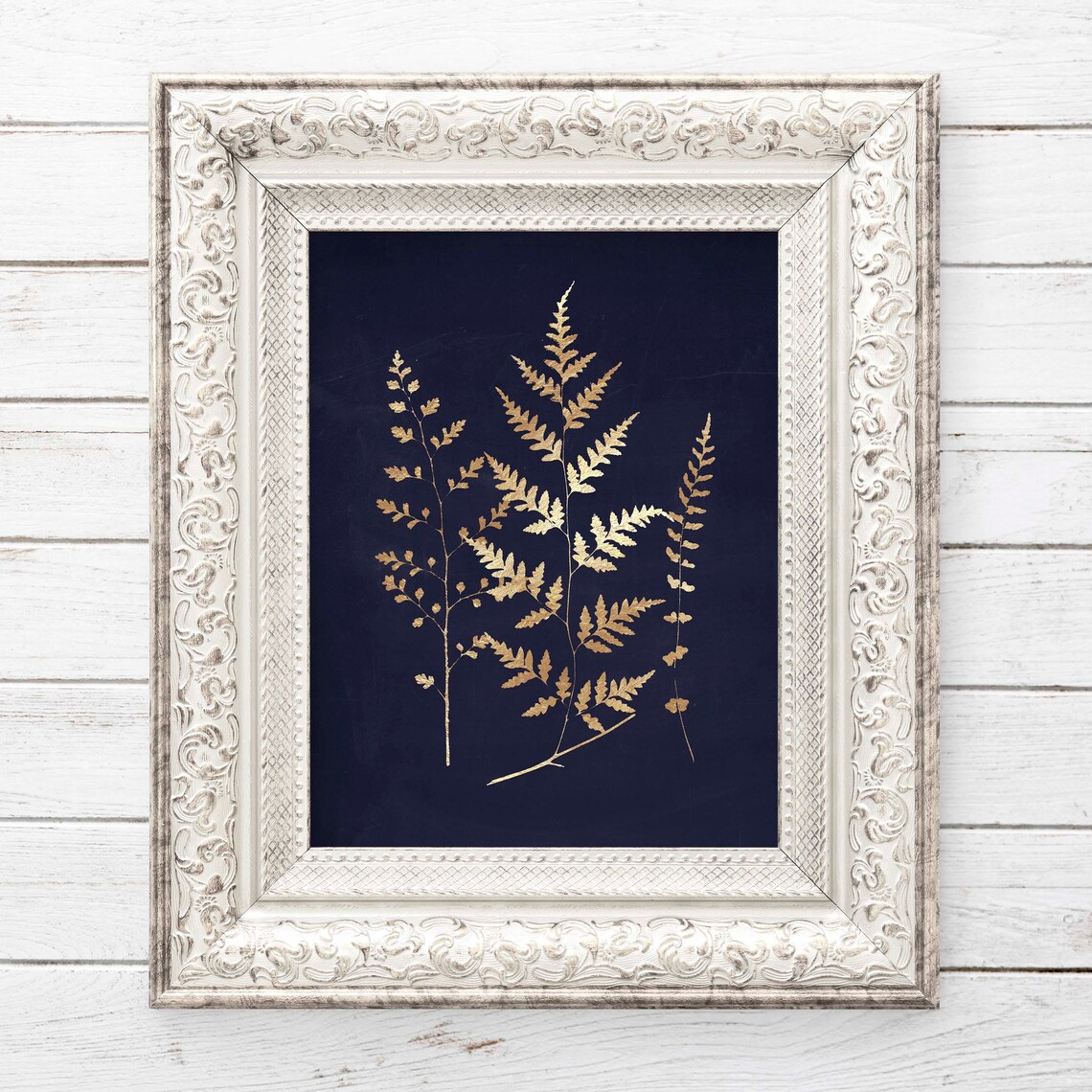 Gold Fern Fronds Dark Navy Botanical Watercolor Trio Art Print - Image 2