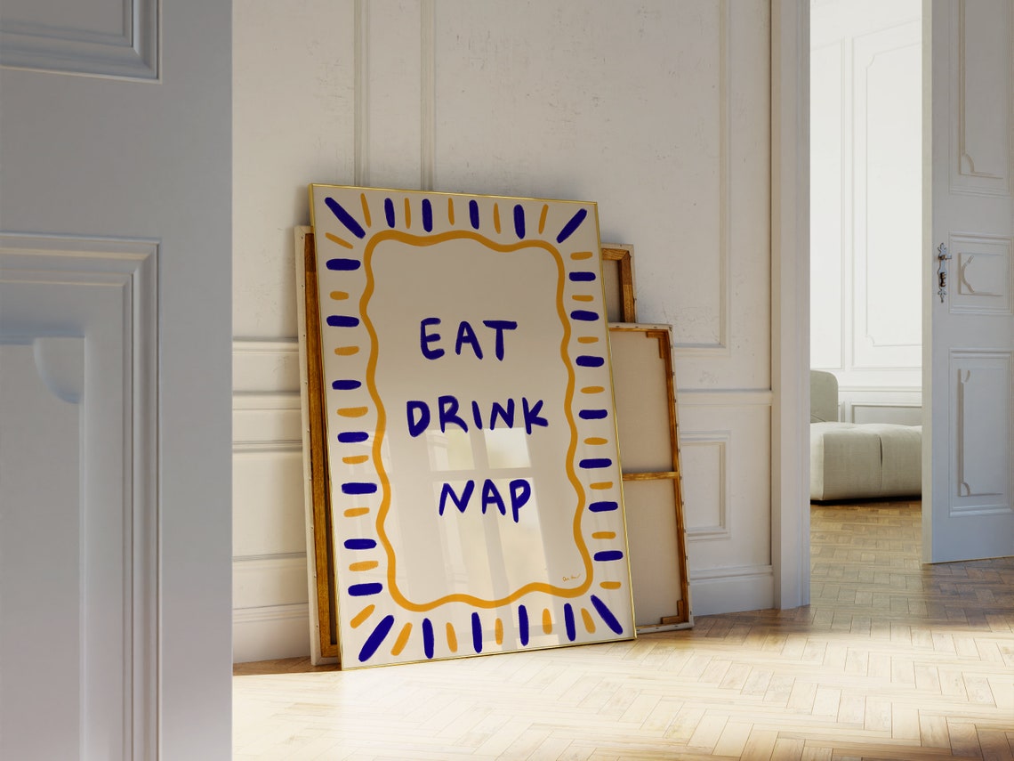 Eat Drink Nap Blue Gold Sunburst Kitchen Typography Wall Art
