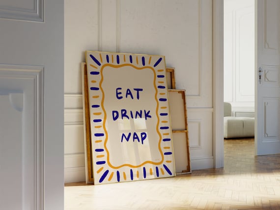 Eat Drink Nap Blue Gold Sunburst Kitchen Typography Wall Art