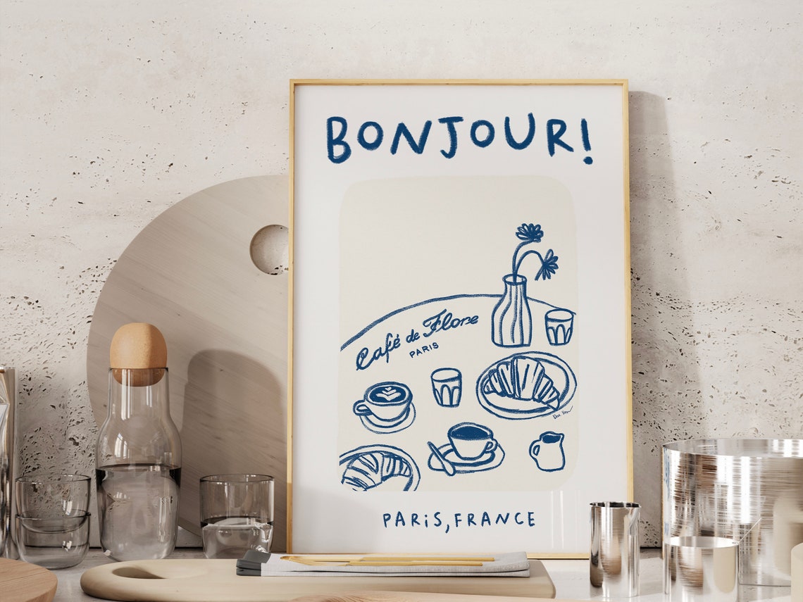 Bonjour Paris Cafe De Flore Croissant Coffee French Travel Poster - Image 4