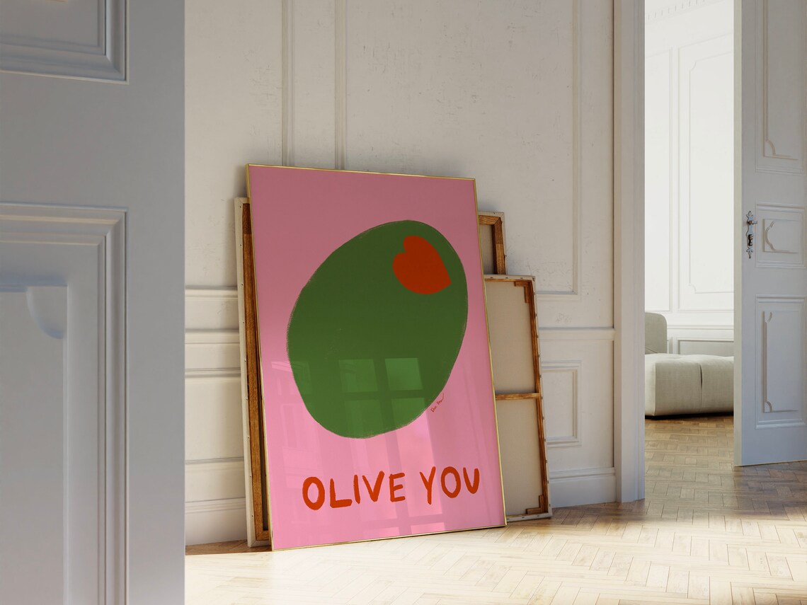 Olive You Fun Food Pun Giant Green Olive Heart Pink Pop Poster