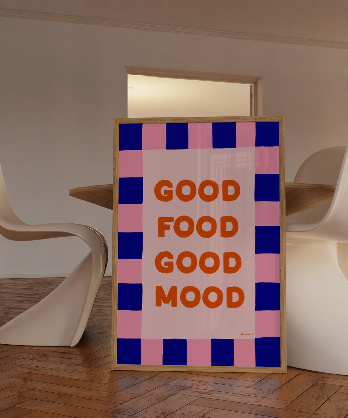 Good Food Good Mood Retro Pink Blue Checkered Kitchen Wall Art - Image 4