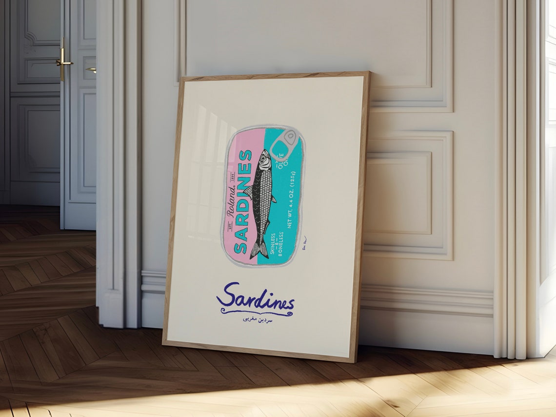 Sardines Teal And Pink Vintage Tin Kitchen Illustration Poster - Image 3