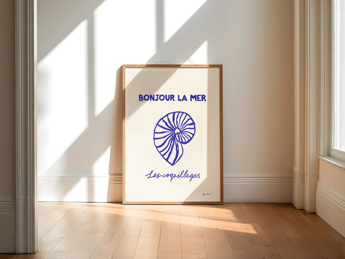 Bonjour La Mer Nautilus Shell Blue French Coastal Art Poster - Image 3