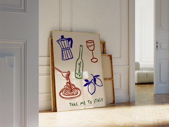 Take Me To Italy Pasta Limoncello Wine Hand Drawn Kitchen Poster