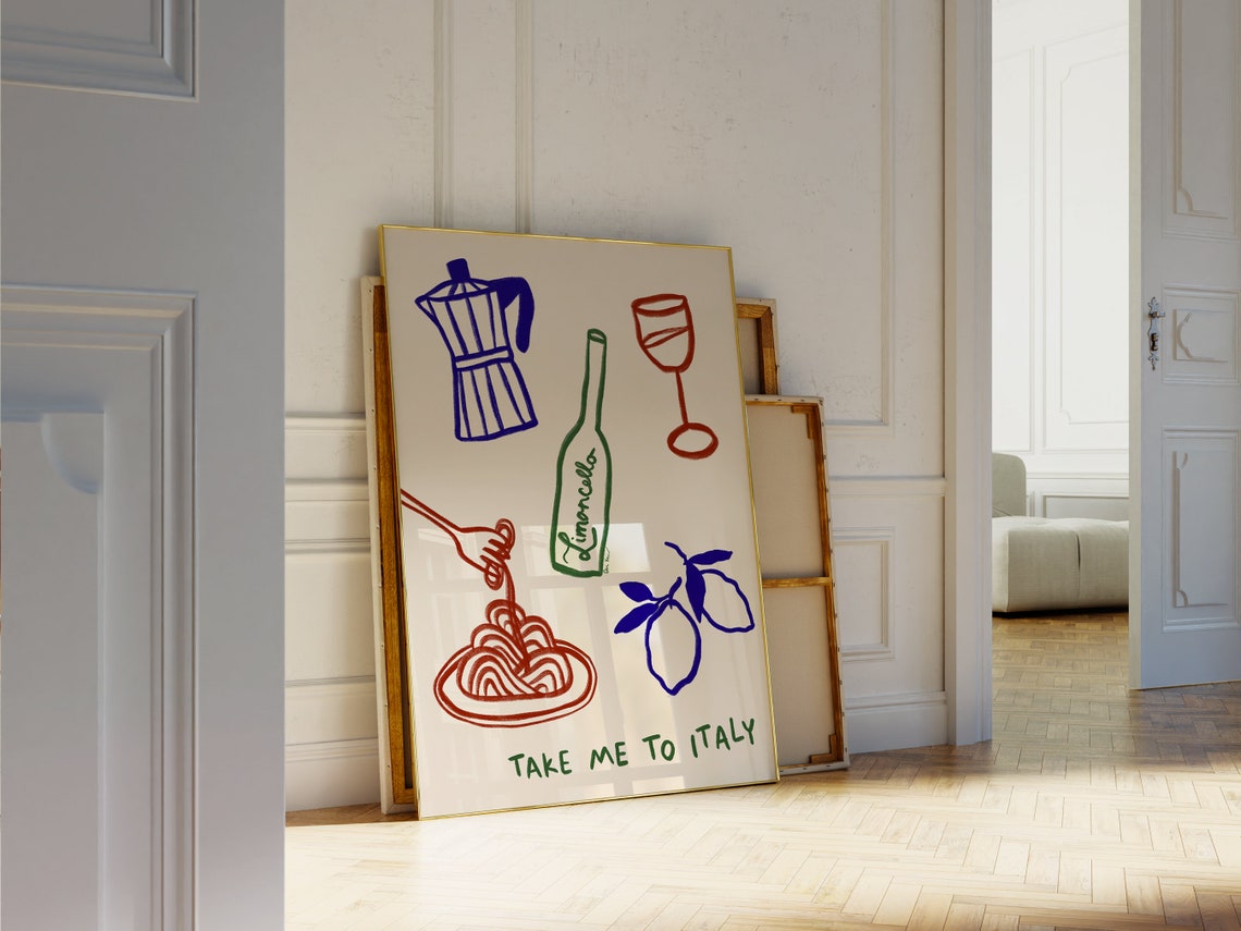 Take Me To Italy Pasta Limoncello Wine Hand Drawn Kitchen Poster
