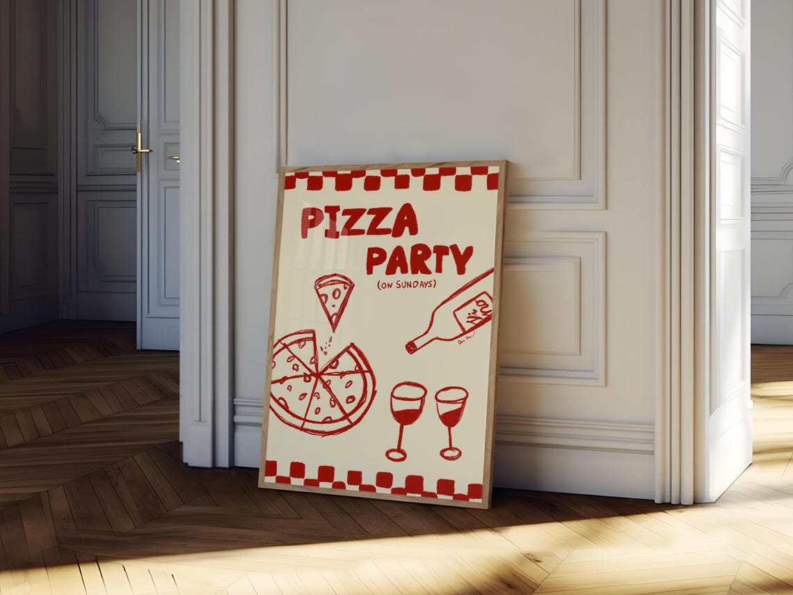 Pizza Party On Sundays Red Retro Kitchen Food Fun Art Poster - Image 4