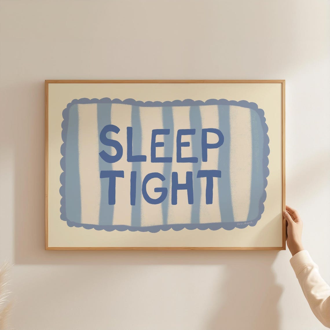 Sleep Tight Light Blue Striped Scalloped Frame Cozy Nursery Wall Art
