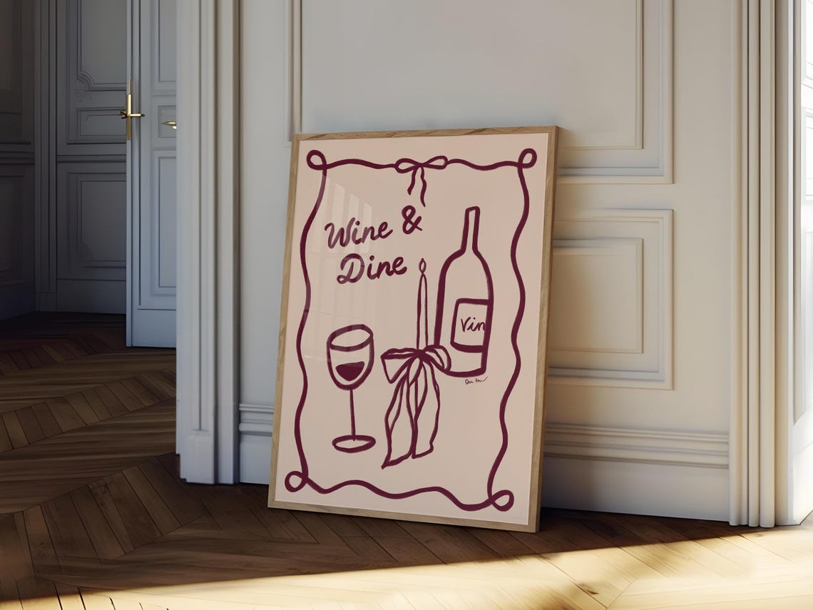 Wine And Dine Pink Squiggle Border Wine Illustration Fun Poster