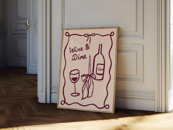 Wine And Dine Pink Squiggle Border Wine Illustration Fun Poster