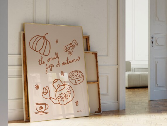 The Small Joys Of Autumn Pumpkin Tea Copper Line Art Fall Wall Art