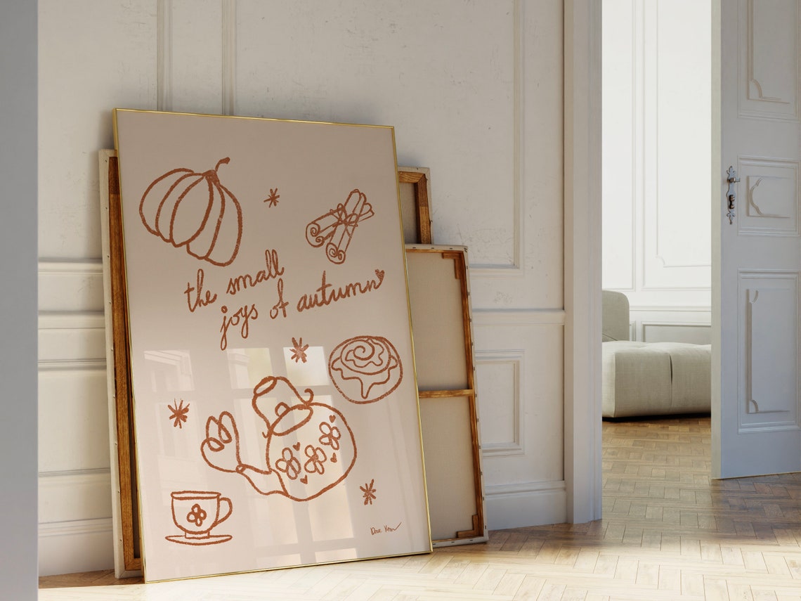The Small Joys Of Autumn Pumpkin Tea Copper Line Art Fall Wall Art
