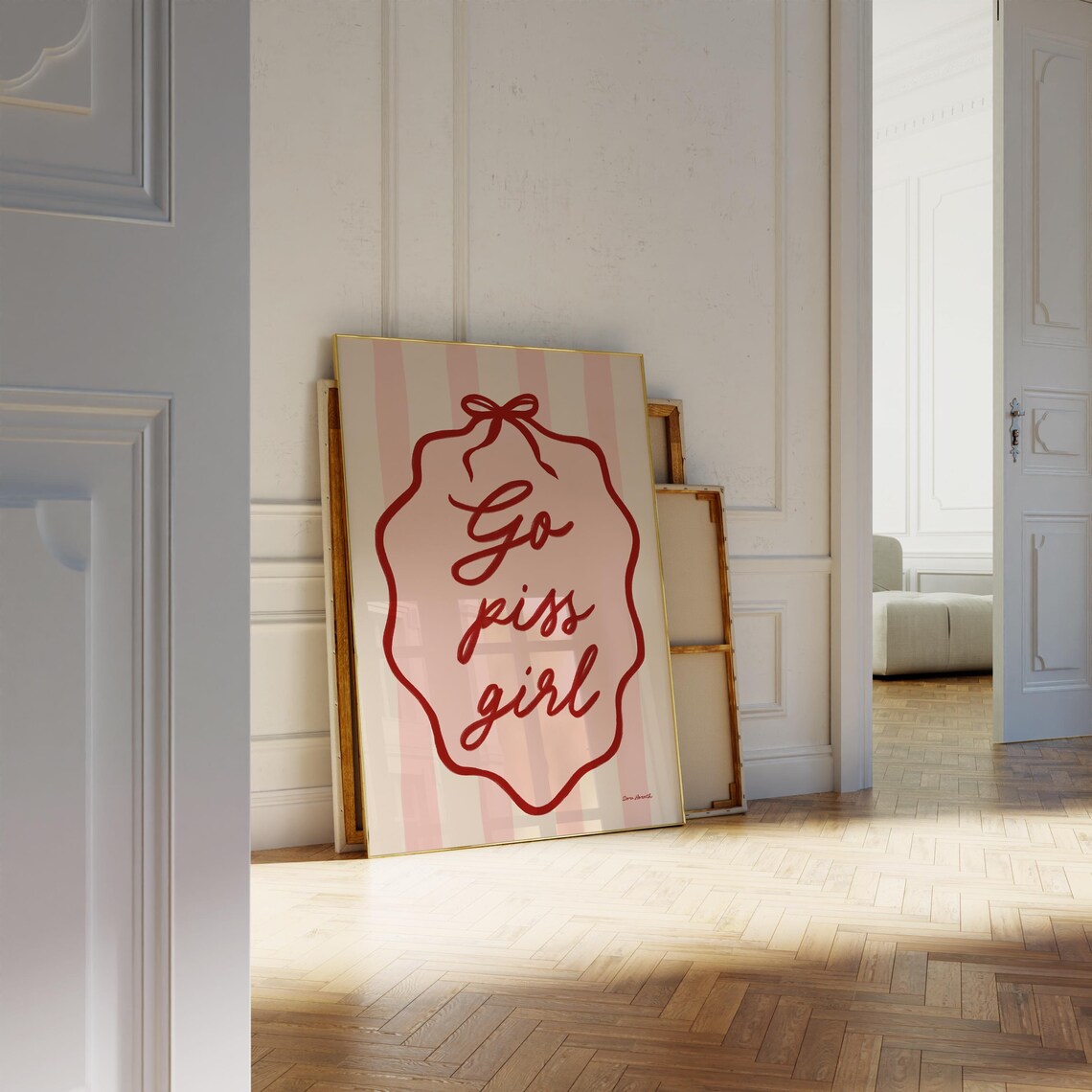 Go Piss Girl Sassy Pink Striped Bow Bathroom Quote Art Poster - Image 2