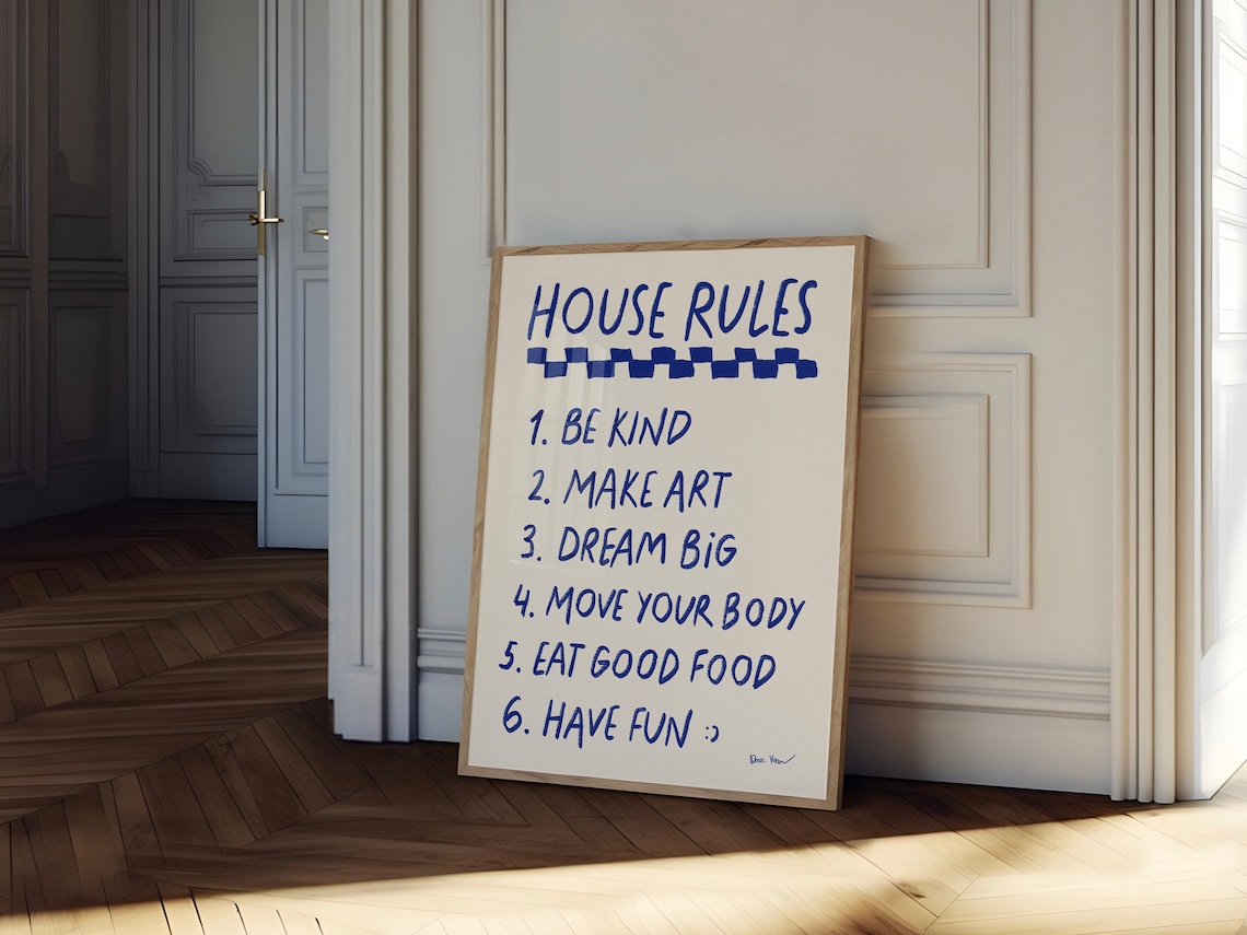 House Rules List Blue Handwritten Family Home Fun Quote Poster
