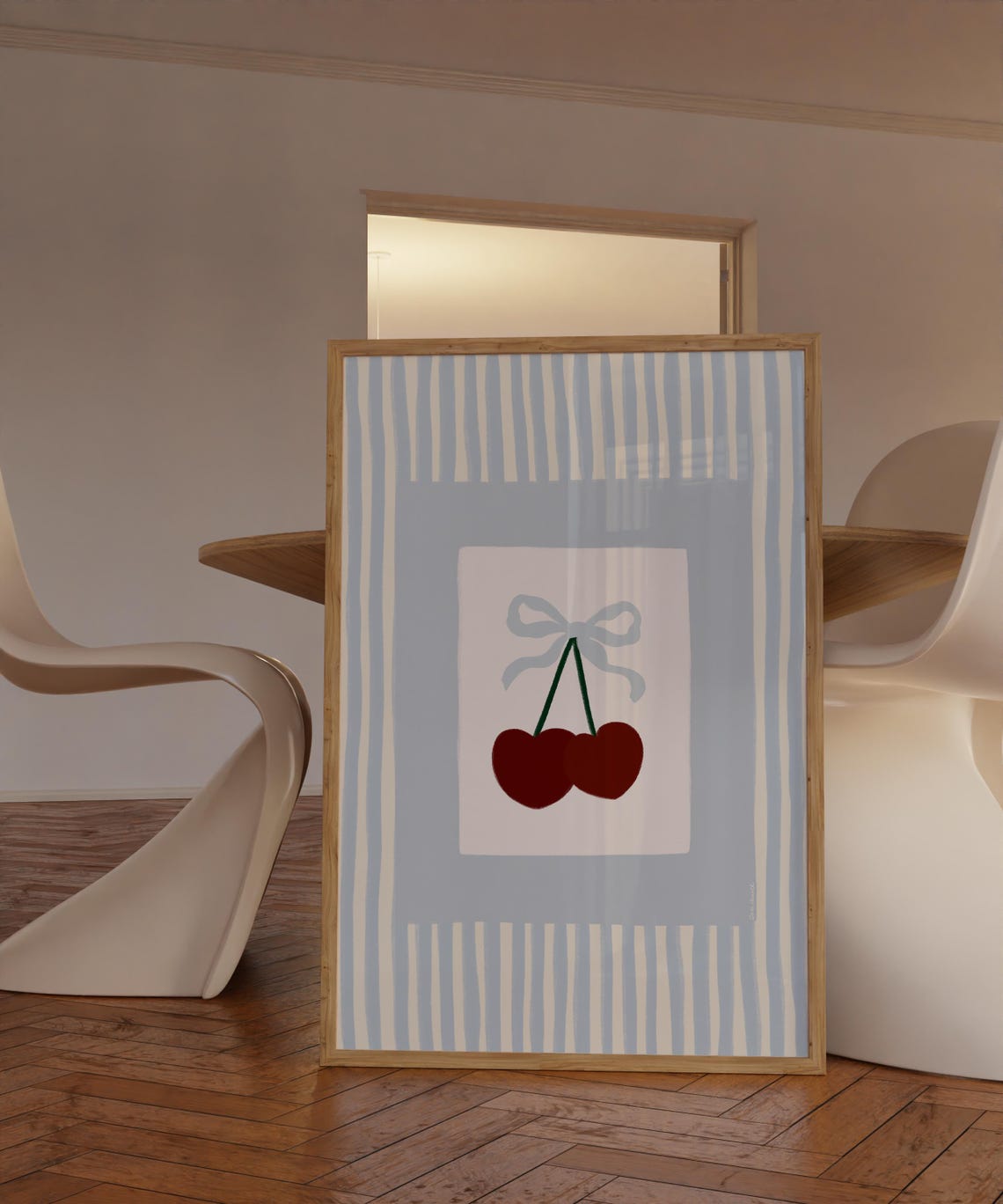 Blue Bow Cherry Coquette Blue Cream Striped Kitchen Art Poster - Image 3