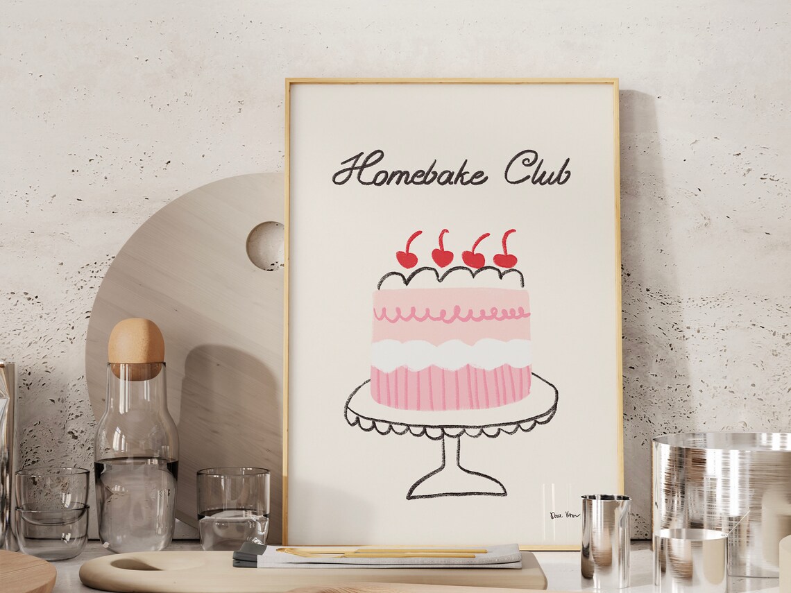 Cute Homebake Club Pink Cherry Cake Sweet Baking Kitchen Poster - Image 4