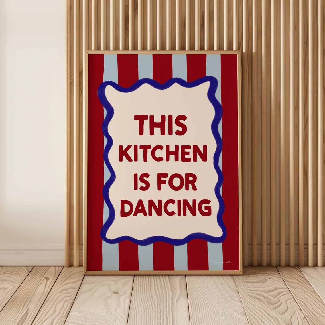This Kitchen Is For Dancing Red Blue Striped Retro Quote Poster - Image 3